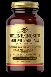 Solgar Choline/Inositol 500mg capsules for nerve function and fat metabolism, vegan, 100 count.